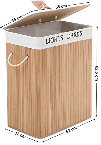 Bambusový kôš na prádlo, 2 oddelené priehradky, 62,5x52x32cm