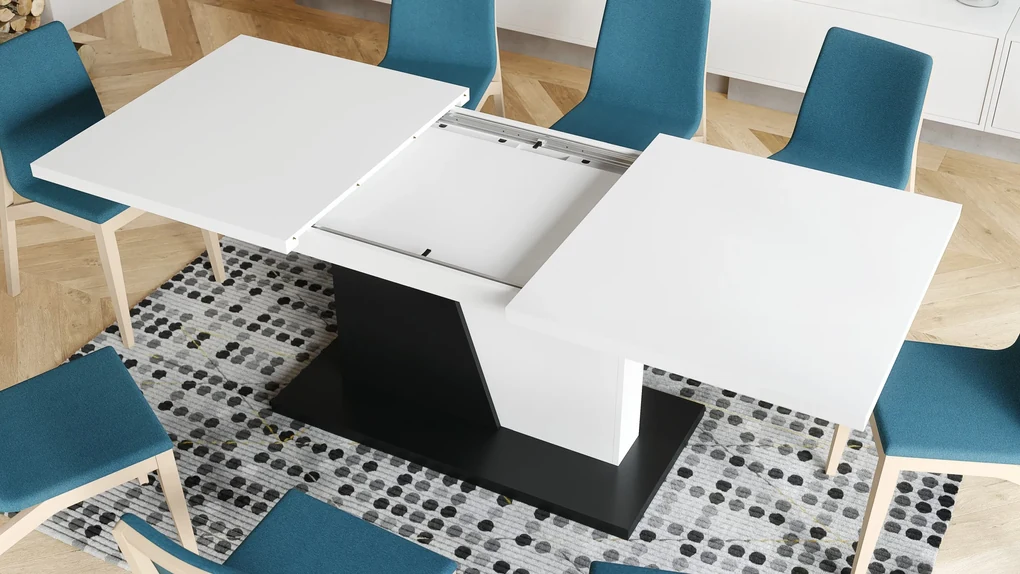 NOBLE NOIR Biely Mat/Čierny mat - ROZKLADANÝ STÔL DO 218 cm, pre 8, 10 osôb.