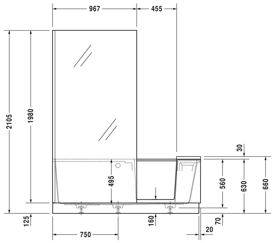 Duravit Shower + Bath - Vaňa so sprchovým kútom do pravého rohu rohu s panelom a nohami, 170x75 cm, zrkadlové sklo, D 700404000100000
