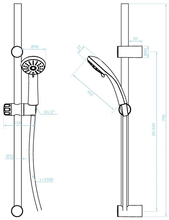 Kuchinox Cento, sprchový stĺp 70 cm s ručnou sprchovou hlavicou, biela, LAV-NKC_61A1