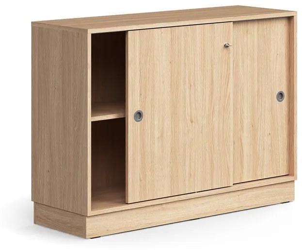 Skriňa s posuvnými dverami QBUS, 1 polica, so soklom, s madlom, 868x1200x400 mm, dub