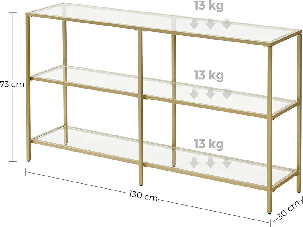 Sklenený konzolový stolík s 3 policami, kovový rám, zlatá farba