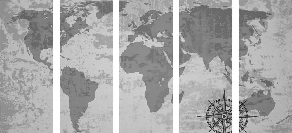 5-dielny obraz stará mapa sveta s kompasom v čiernobielom prevedení Varianta: 100x50