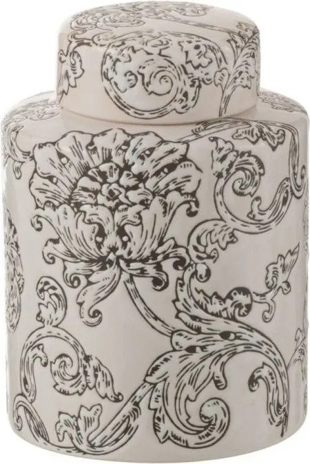 Bielo-čierna porcelánová dóza s vekom a kvetmi Zen Ball – 13*13*19 cm