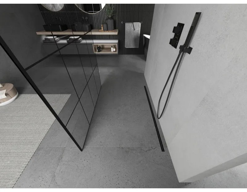 Mexen Kioto, sprchová zástena Walk-In 160 x 200 cm, 8mm sklo čierny vzor, čierny profil, 800-160-002-70-77