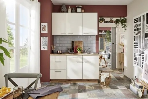 Kuchynská linka s spotrebičmi, drezom a drezovou batériou Naturel 150x60x92 cm matná magnóliová biela 650PKW315019L