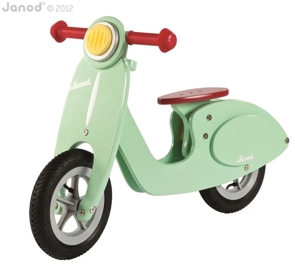 Drevené odrážadlo Vespa mint skúter Janod zelené na rozvoj rovnováhy od 3-6 rokov