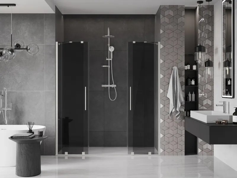 Mexen Velar Duo, posuvné sprchové dvere do otvoru 180 cm, 8mm šedé sklo, brúsená oceľ, 871-180-000-42-97