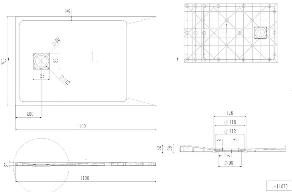 Erga Hyper, SMC sprchová vanička 110x70x2,6 cm + sifón, čierna matná, ERG-V06-SMC-7011S-BK
