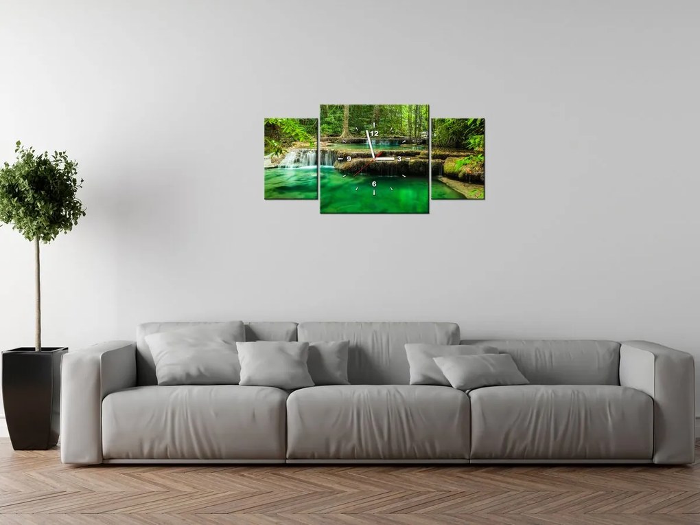 Gario Obraz s hodinami Vodopád Erawan v Thajsku - 3 dielny Rozmery: 80 x 40 cm
