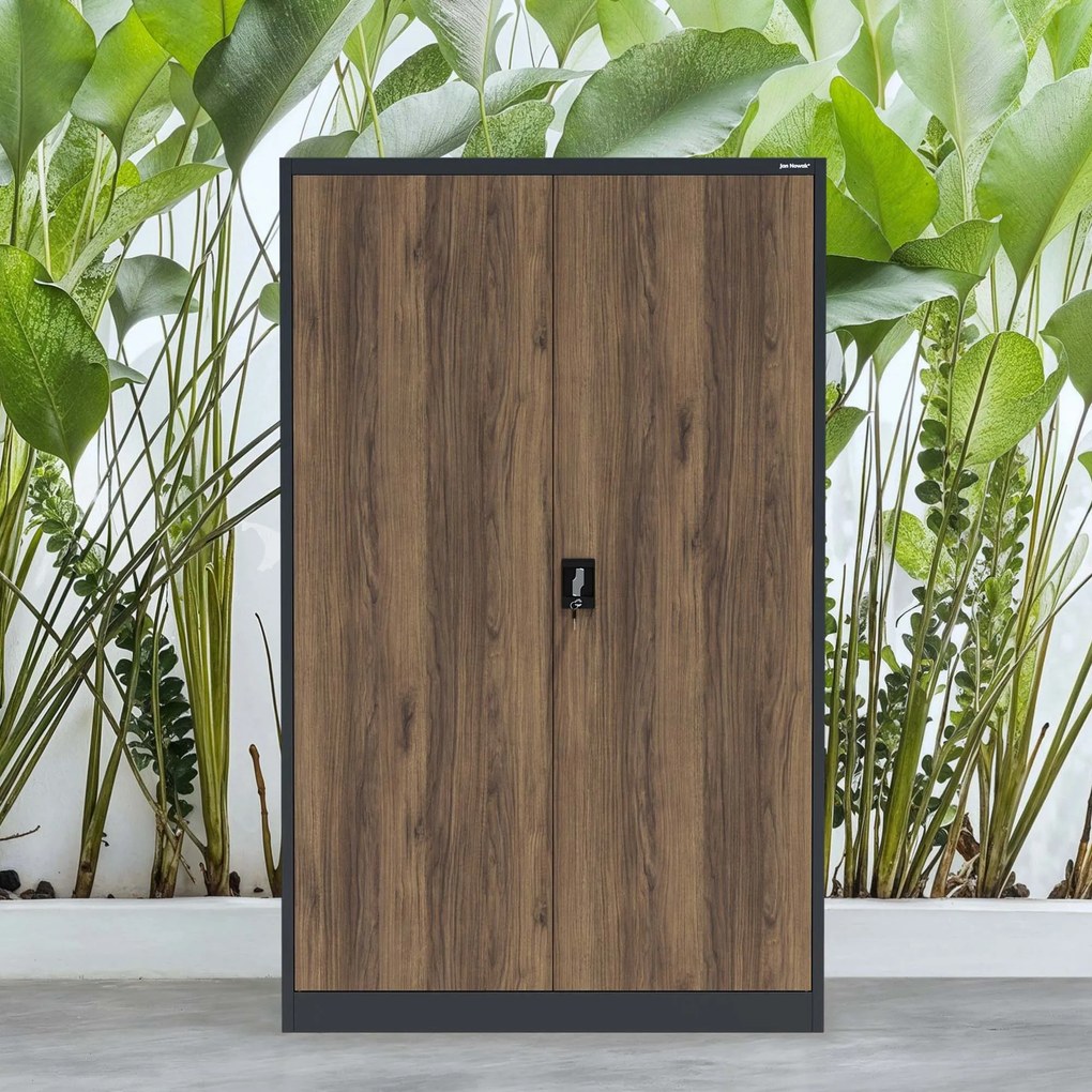 Kancelárska kovová skrinka na dokumenty JAN II, Eco Design: antracit/orech