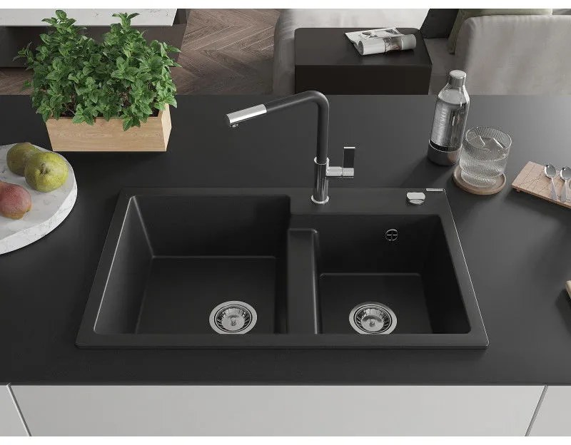 Mexen Tomas, 2-komorový granitový drez 800x500x190 mm a drezová batéria Flora, čierna, 6516-77-670401-07