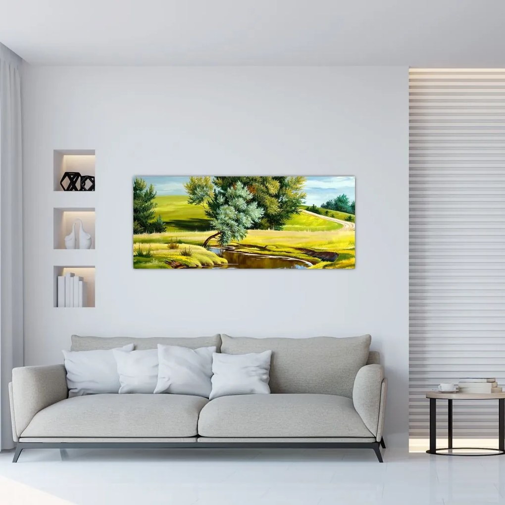 Obraz - Rieka medzi lúkami, olejomaľba (120x50 cm)