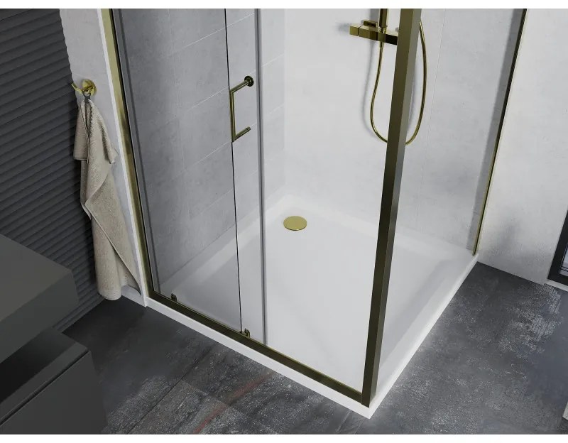 Mexen Apia, sprchový kút s posuvnými dverami 90 (dvere) x 90 (stena) cm, 6mm číre sklo, zlatý profil + biela sprchová vanička SLIM, 840-090-090-50-00-4010G