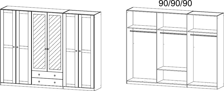 Šatníková skriňa Rosenheim, 271 cm, biela