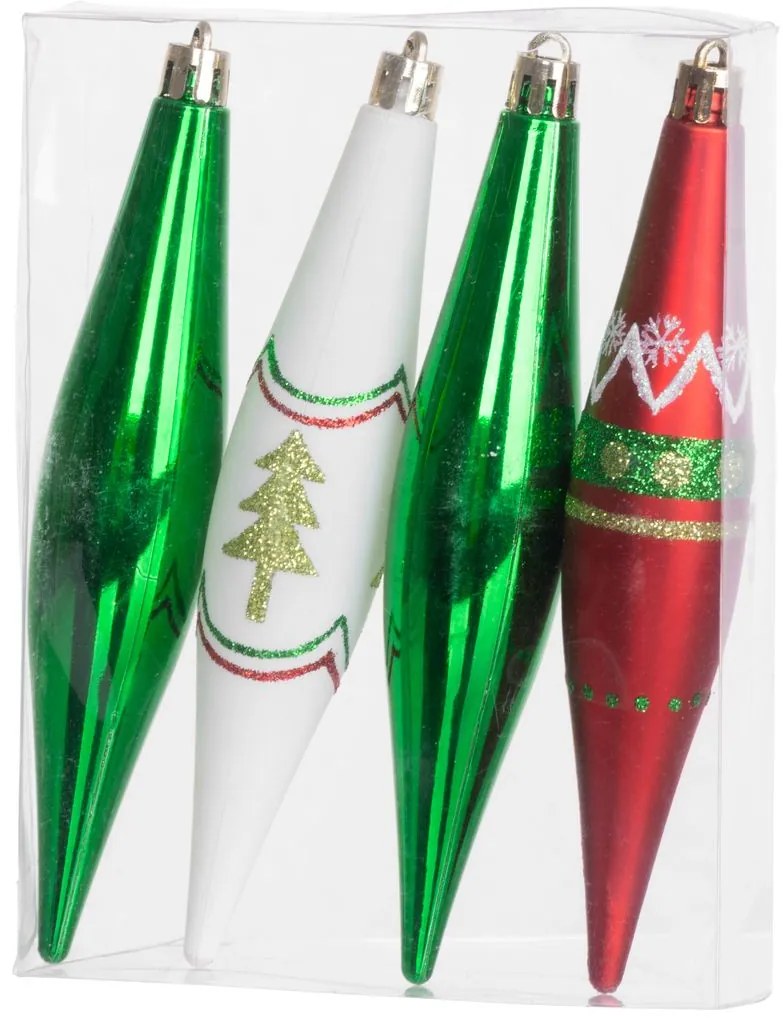 Ozdoba MagicHome Vianoce, bal. 4 ks, červeno-zelené, s dekoráciou, na vianočný stromček, 3x15 cm