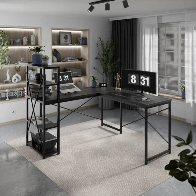 Rohový pracovný stôl s policami Leader 5.9 čierny