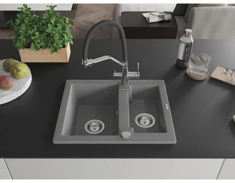Mexen Carlos, 1,5-komorový granitový drez 582x475x177 mm a drezová batéria Duo, šedá, 6518-71-671701-07