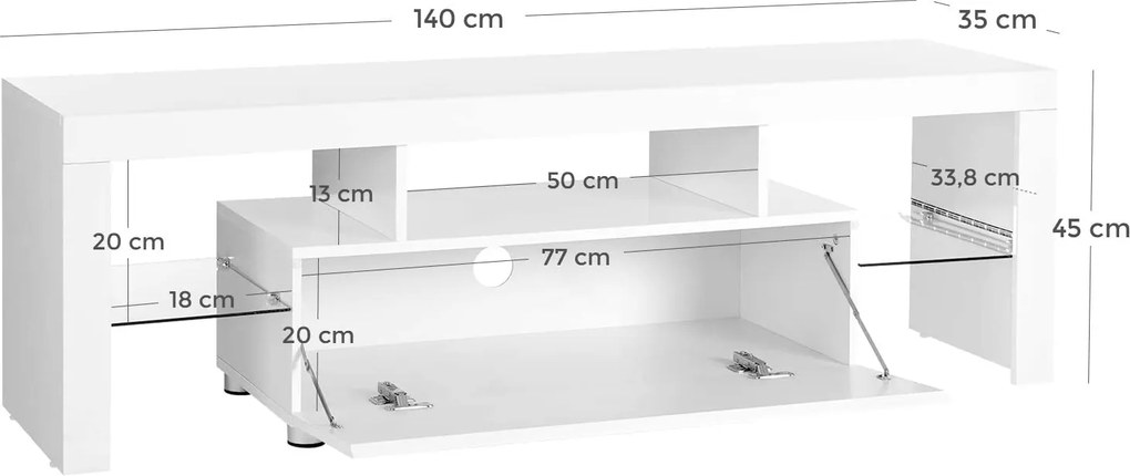 VASAGLE TV stolík biely farebné LED podsvietenie 140 x 45 x 35 cm