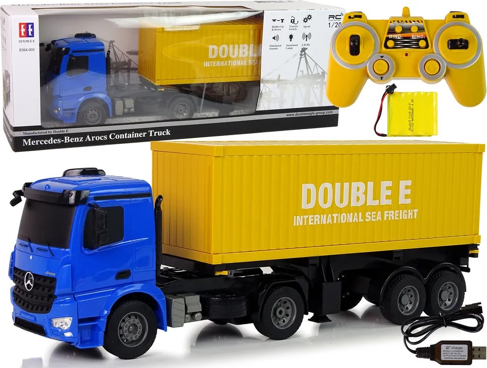 Double E Veľké RC nákladné auto Mercedes Arocs modré 1:20 kontajner 58 cm