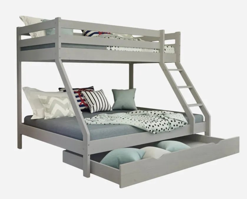 Detská poschodová posteľ z masívu s rozšíreným spodným lôžkom DENIS - 200x90/140 cm - šedá