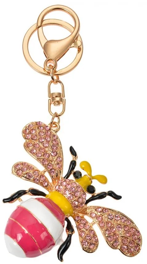 Ružovo-zlatý kovový prívesok na kľúče s kamienkami včela - 6*2*8 cm