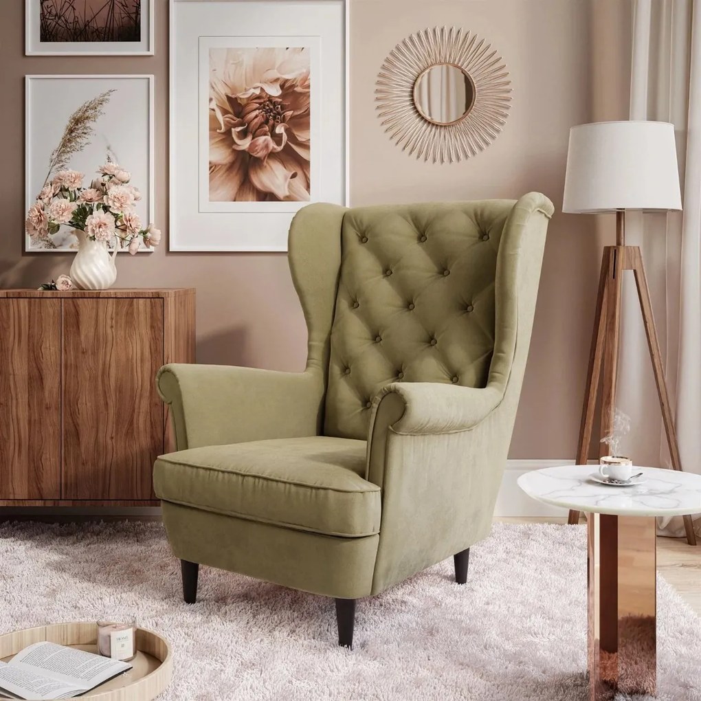 KRESLO UŠIAK BRUNO CHESTERFIELD ČIERNE ROVNÉ NOHY