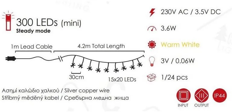 ACA Lighting LED dekoračná strieborná girlanda Starburst, 420 cm, teplá biela farba, 230V