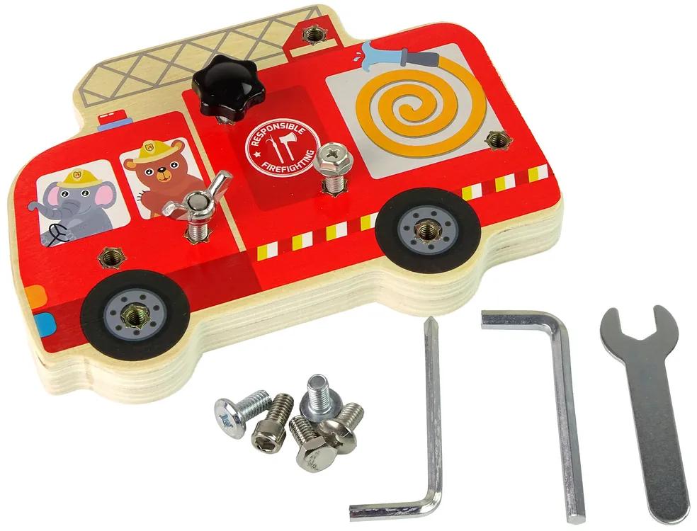 Lean Toys Drevená doska na skrutkovanie a vŕtanie – Hasičské auto