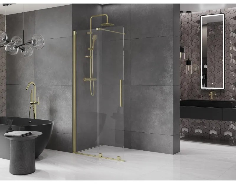 Mexen Velar, posuvné dvere do otvoru typ Walk-In 85 cm, 8mm číre sklo, zlatá matná, 871-085-000-03-55