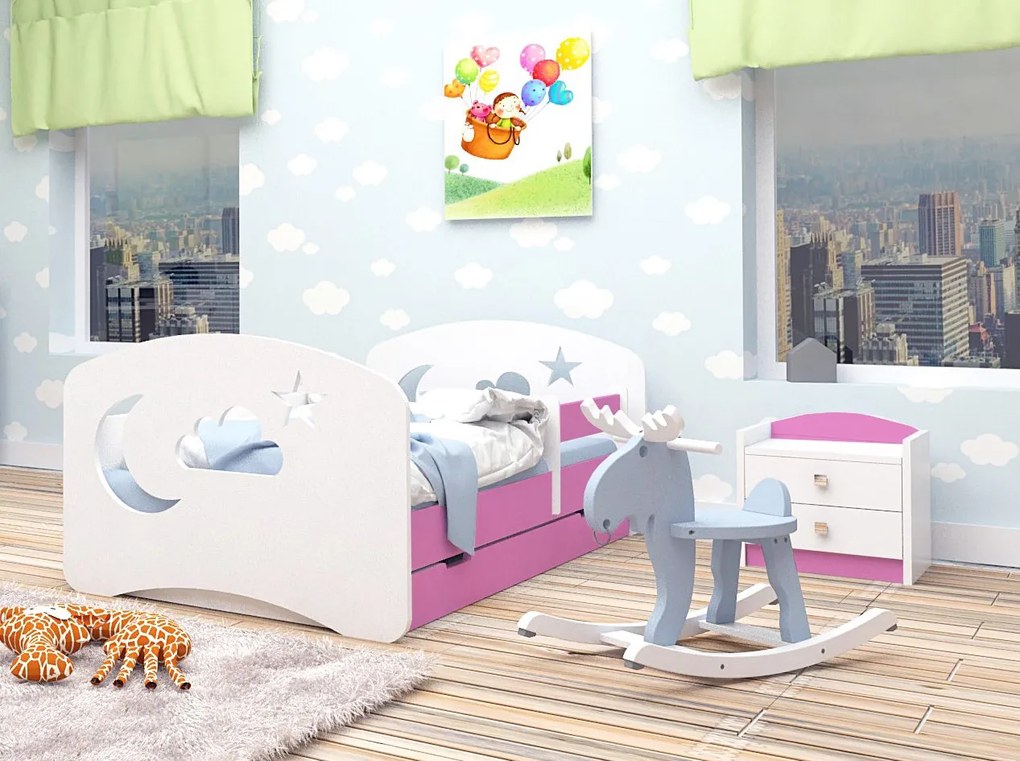 Happy Babies Detská posteľ Happy dizajn/oblak,hviezda,mesiačik Farba: Ružová / Biela, Prevedenie: L10 / 90 x 200 cm / S úložným priestorom