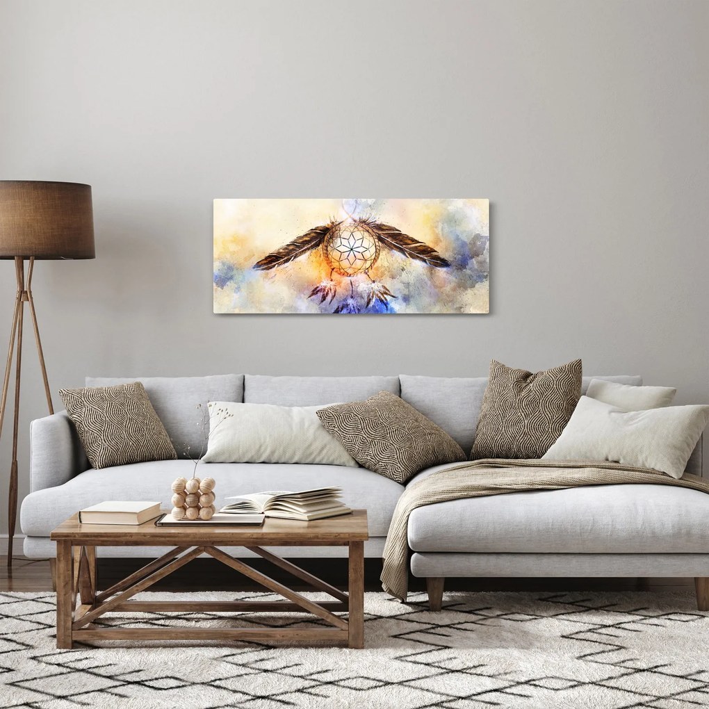 Obraz - Lapač snov s pierkami (120x50 cm)