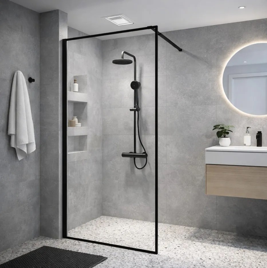 Erga Paris, sprchová zástena Walk-In 90x200 cm v čiernom ráme, 8mm číre sklo, čierny profil, ERG-V02-PARIS-090x200-BF