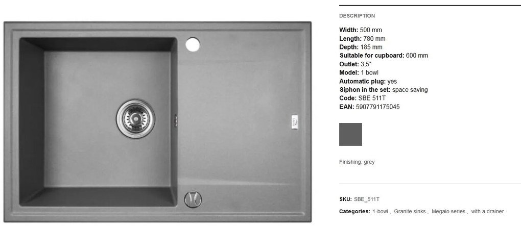 Laveo Megalo, 1-komorový granitový drez 780x500x185 mm, šedá, LAV-SBE_511T