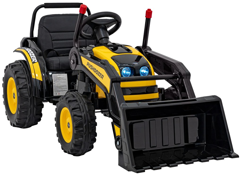 Batériový bager-traktor pre deti žltý + pohyblivé rameno lyžice + diaľkové ovládanie + pomalý štart + FM rádio + LED