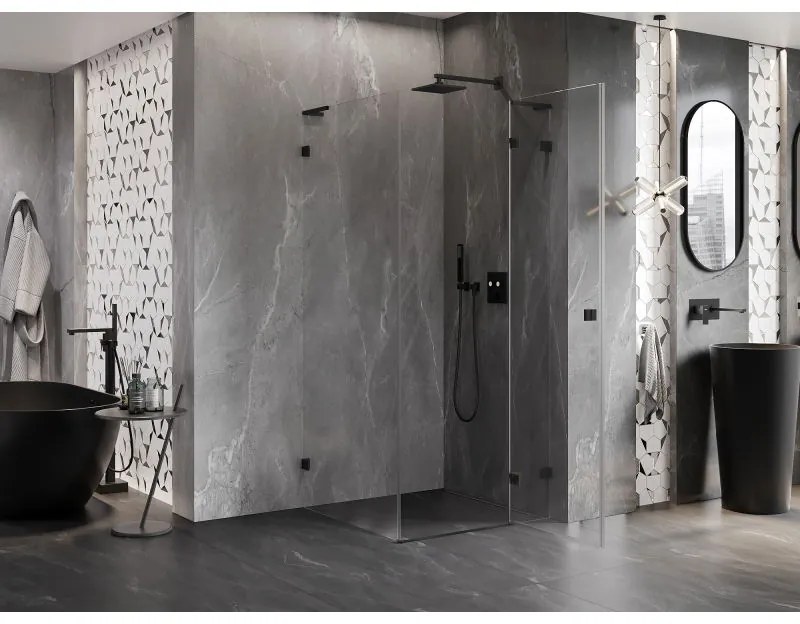 Mexen Lunar, L pravý výklopný sprchový kút 90 x 90 cm, 8mm číre sklo, čierny profil, 834L-090-090-70-00-P