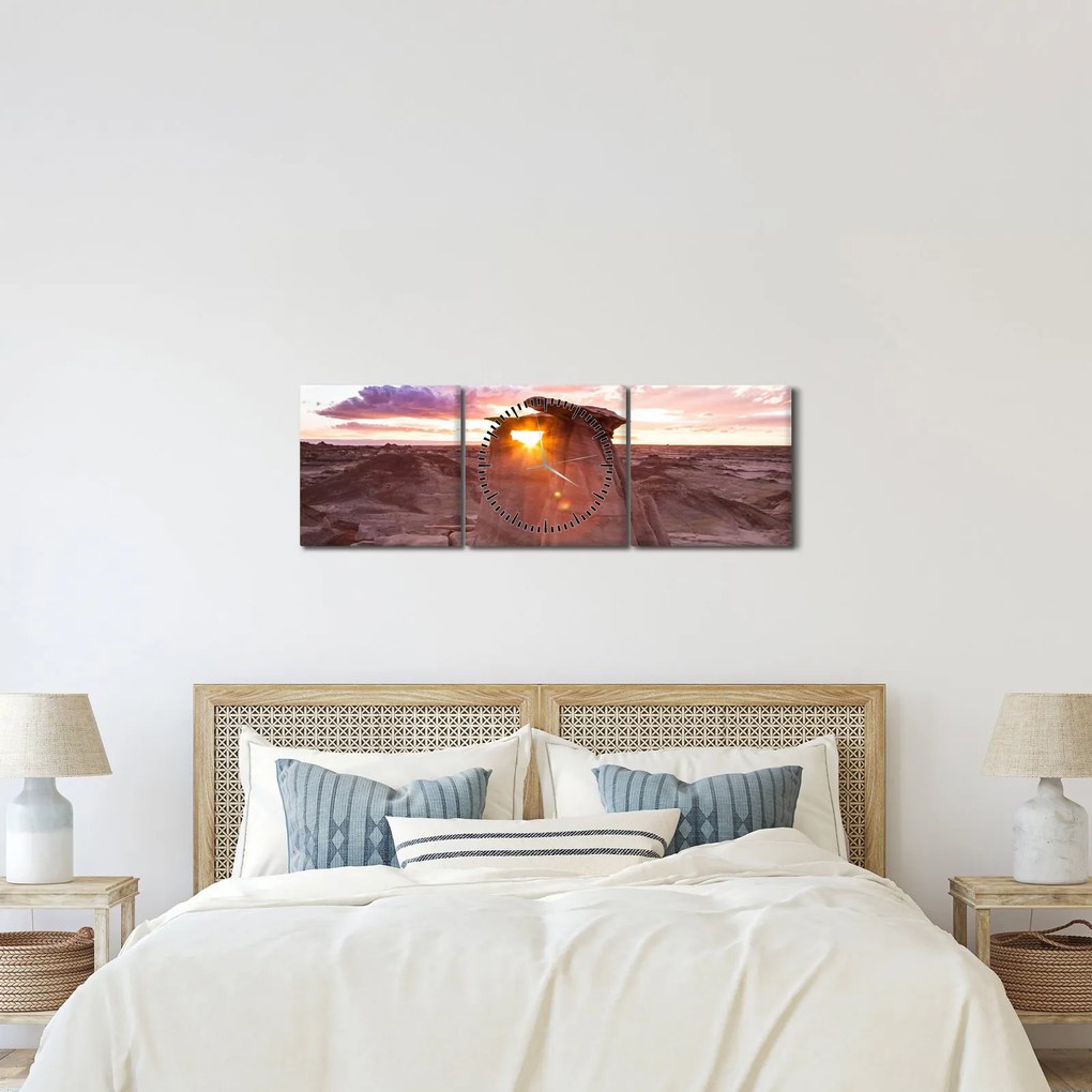 Obraz - západ slnka na púšti (s hodinami) (90x30 cm)