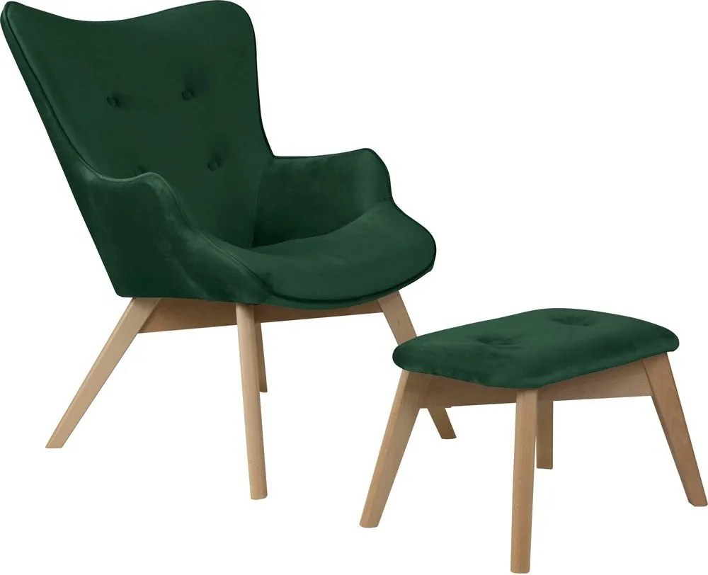 Tmavozelené zamatové kreslo s podnožkou Niko – Ropez