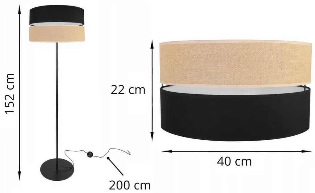 Stojacia lampa Juta, 1x jutové/čierne textilné tienidlo, o, b