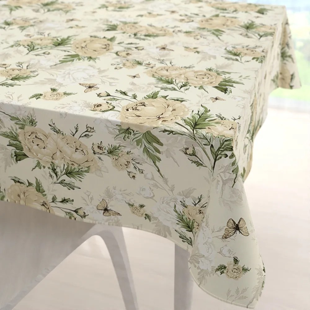 Biante Bavlnený štvorcový obrus Sandra SA-473 Pivonky s motýlikmi na vanilkovom 140x140 cm