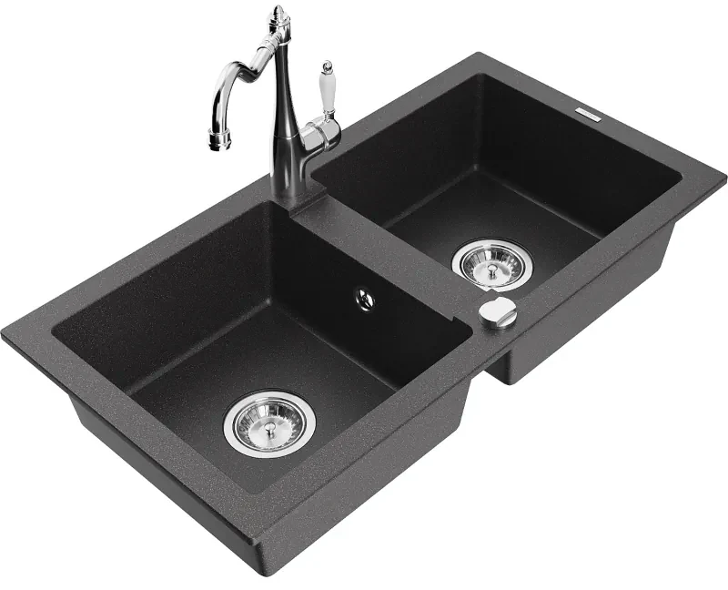 Mexen Mario, granitový drez 820x436x161 mm, 2-komorový a drezová batéria Carla, čierna škvrnitá, 6504-76-670700-00