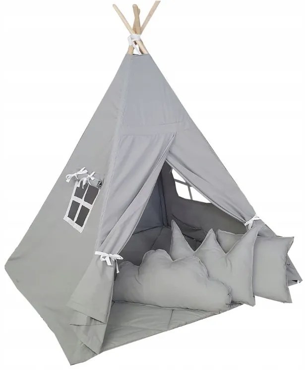 Detský teepee stan na hranie s podložkou a vankúšikmi ŠEDÝ