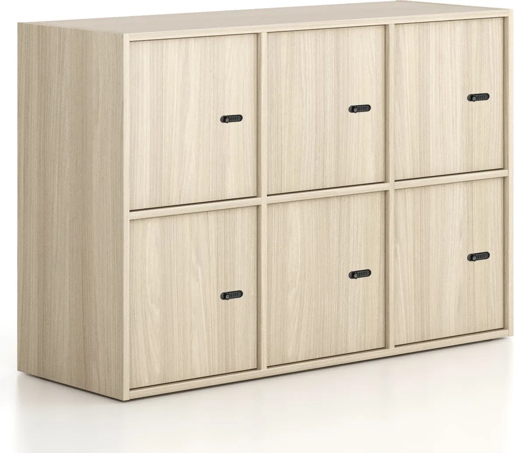 Kancelárska skriňa FRAME, nízka, 6x dvere, 1299 x 450 x 881 mm, mechanický kódový zámok, dub prírodný