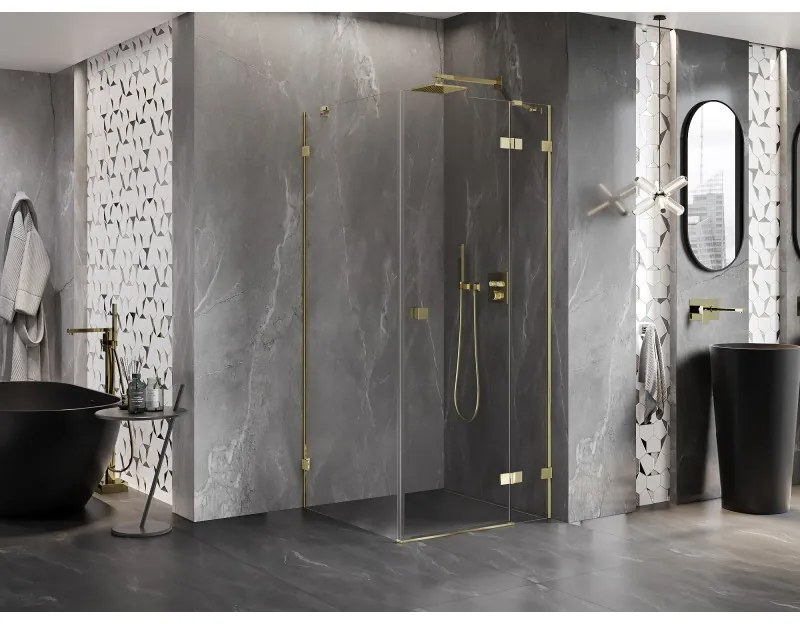 Mexen Lunar, výklopný sprchový kút pravý 90 x 90 cm, 8mm číre sklo, zlatý profil, 834-090-090-50-00-P