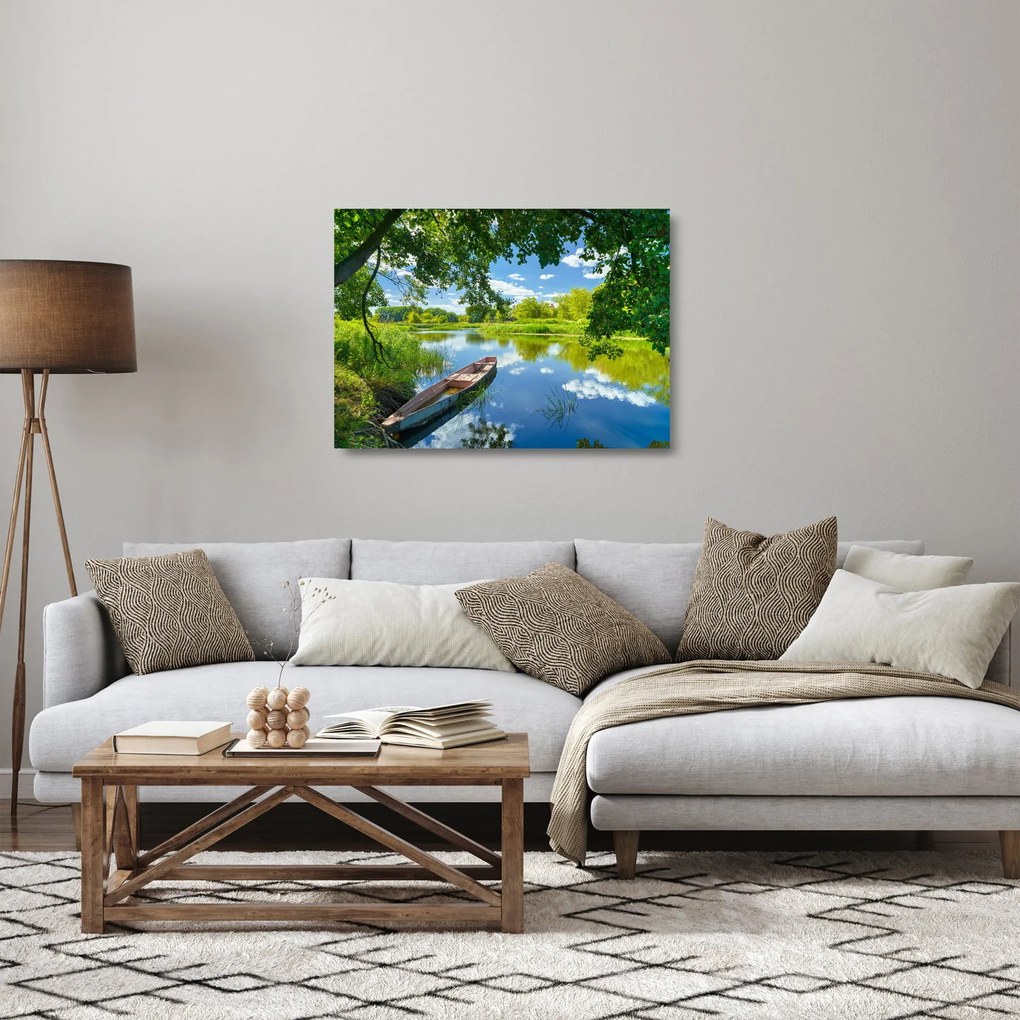 Sklenený obraz letné rieky s loďkou (70x50 cm)