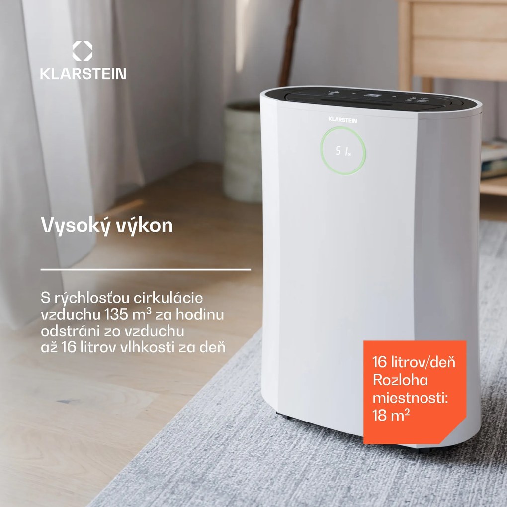 Klarstein DryFy ProConnect 16L odvlhčovač vzduchu, 16 l/deň, 18 m², WiFi, Aplikácia, LED indikátor, 24-hodinový časovač