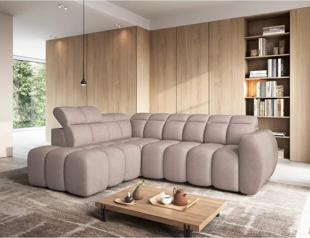 Svetlohnedá rozkladacia/s úložným priestorom rohová pohovka z textílie buklé (ľavý roh/do L) Falconn – ELTAP