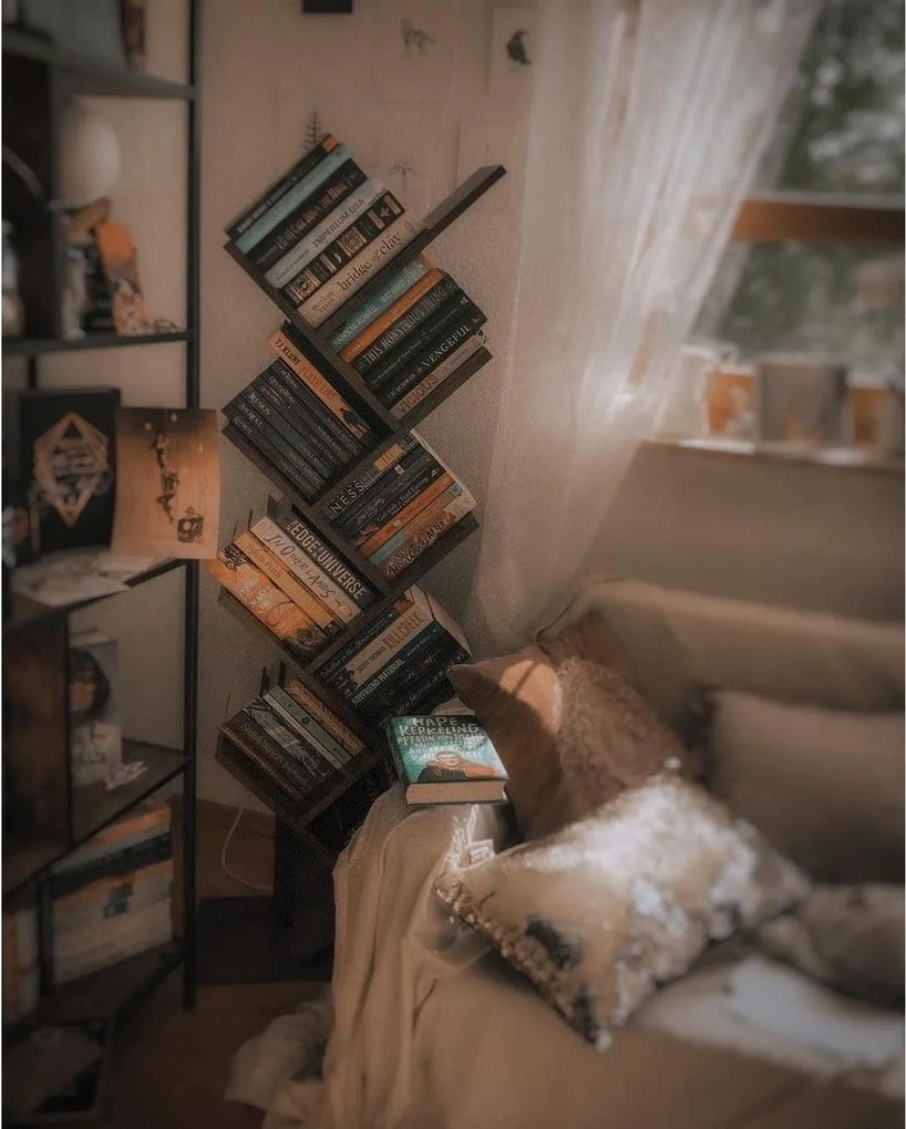 Knižnica, polica s 8 priehradkami v tvare stromu, rustikálna hnedá