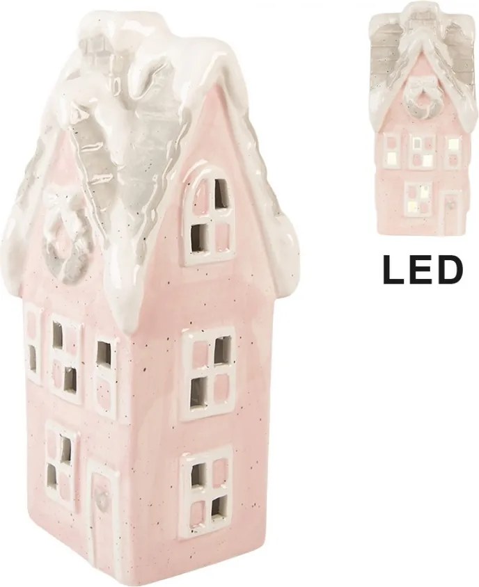 Ružový keramický LED domček Lamont - 11*10*24 cm