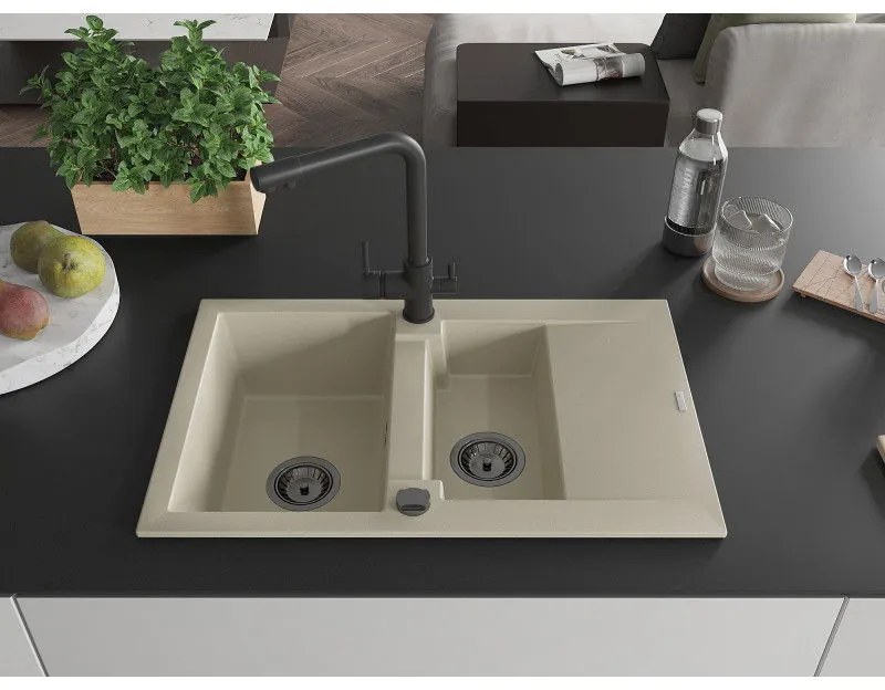 Mexen Gaspar, granitový drez 737x475x177 mm, 1,5-komorový, čierna batéria Duero, béžová, 6507-69-671600-70